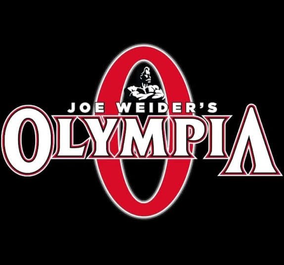 Logotipo do Mr. Olympia, competição de fisiculturismo, em vermelho, preto e branco