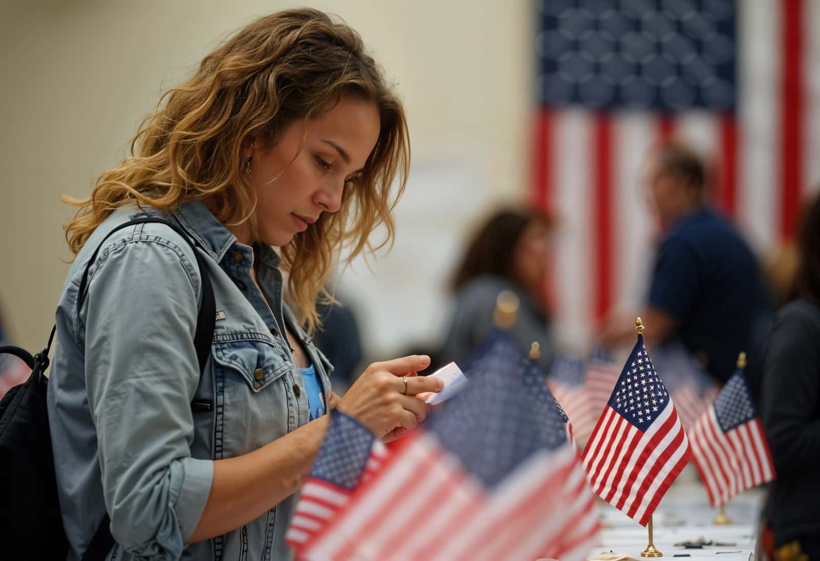 Mulher olha um papel em uma mesa com pequenas bandeiras dos Estados Unidos