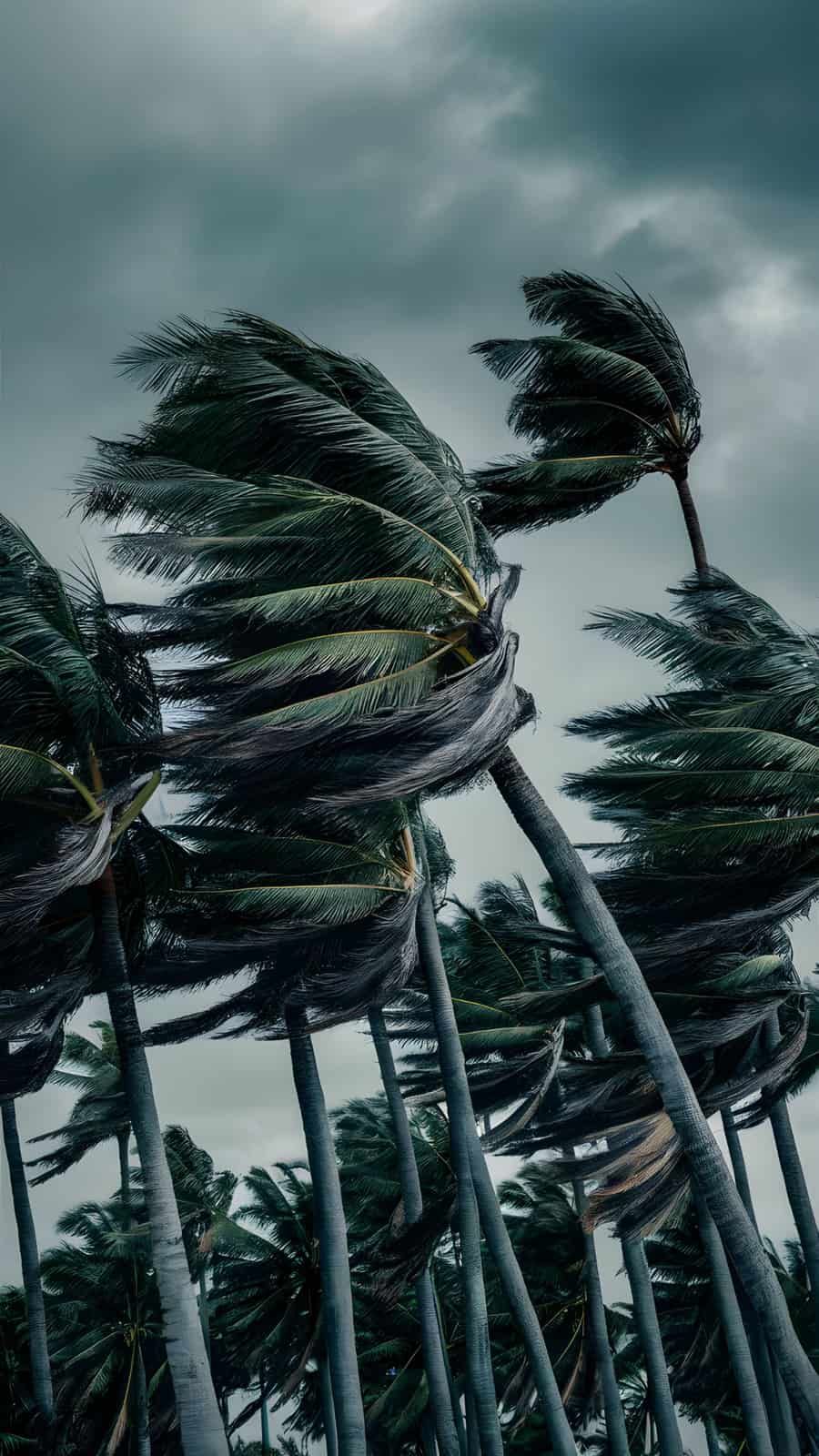 Palmeiras dobradas pelo vento forte sob um céu escuro de tempestade