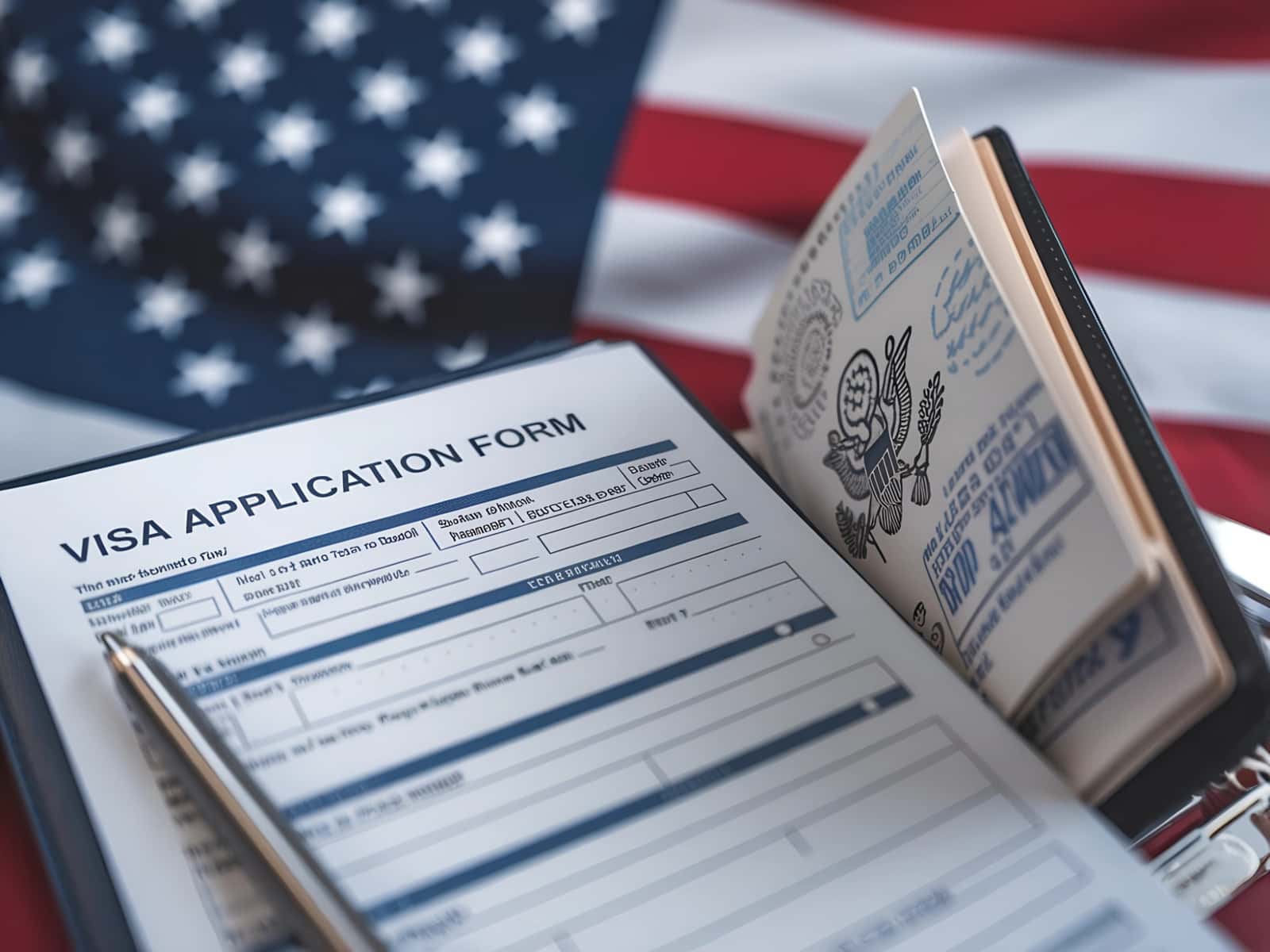 Formulário de pedido de visto e passaporte aberto sobre bandeira dos Estados Unidos