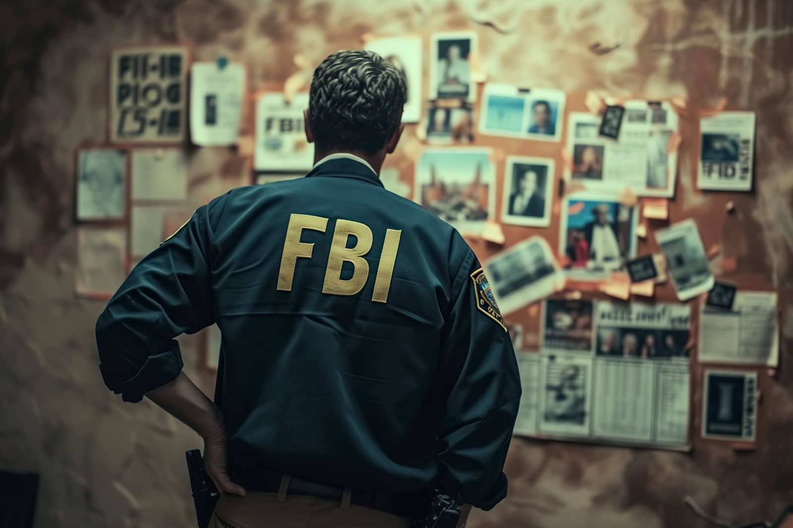 Agente de costas, com jaqueta escrita FBI, diante de um mural com fotos e documentos