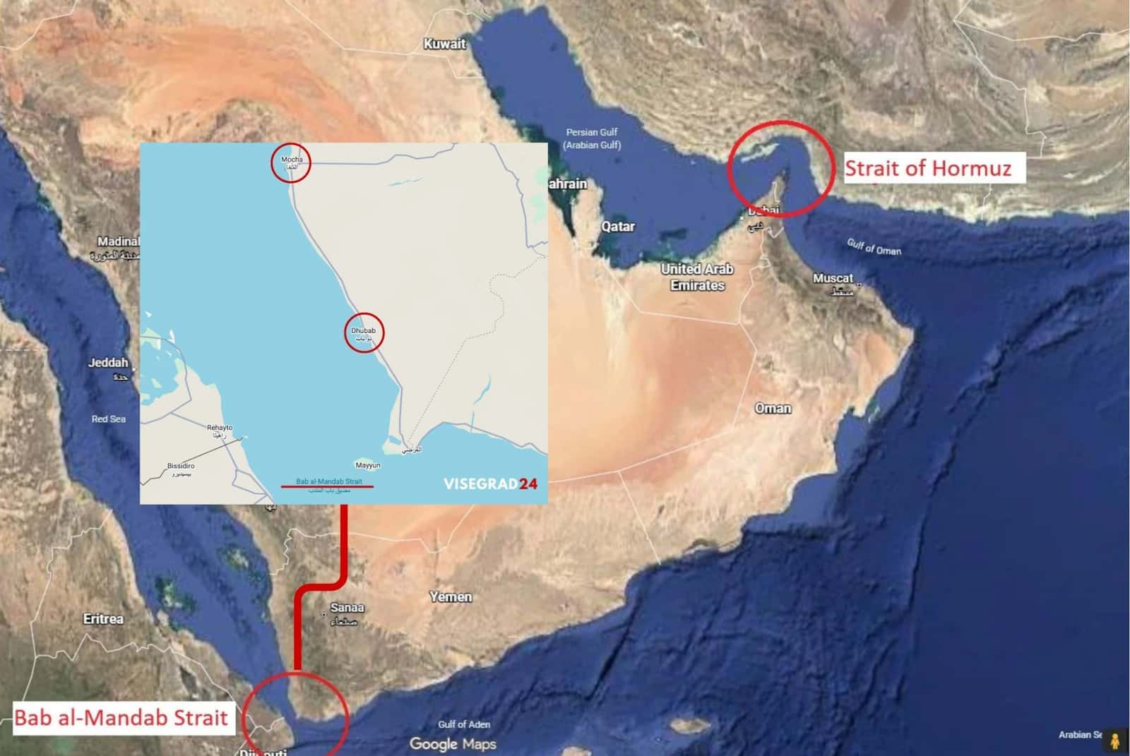 Mapa do Oriente Médio destacando o Estreito de Ormuz e o Estreito de Bab al-Mandeb