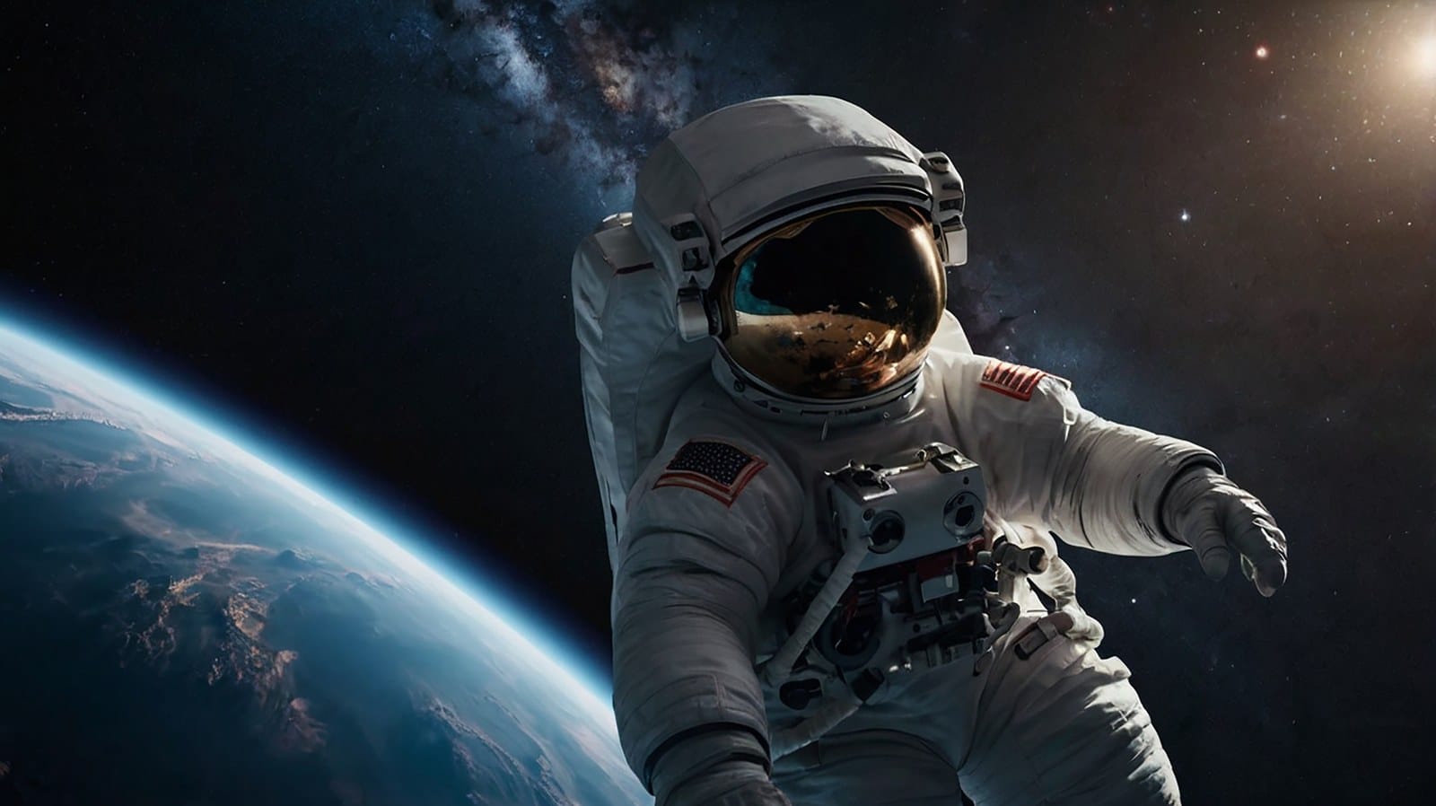 Astronauta de traje branco, com bandeira dos EUA no ombro, flutua diante da curva da Terra e do espaço escuro