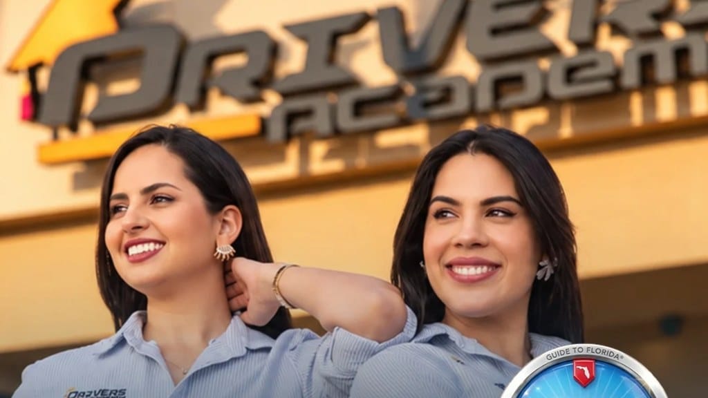 Duas mulheres sorridem diante de uma fachada com o letreiro da Drivers Academy, vestindo camisas azul-claras