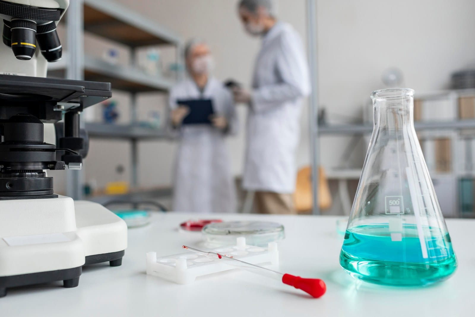 Bancada de laboratório com microscópio, frasco com líquido azul-esverdeado e uma pipeta vermelha, com dois pesquisadores de jaleco ao fundo