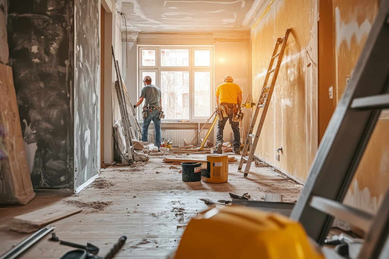 Dois operários de costas, com cinto de ferramentas, trabalham em um cômodo em reforma, com escadas, baldes e a luz do sol entrando pela janela
