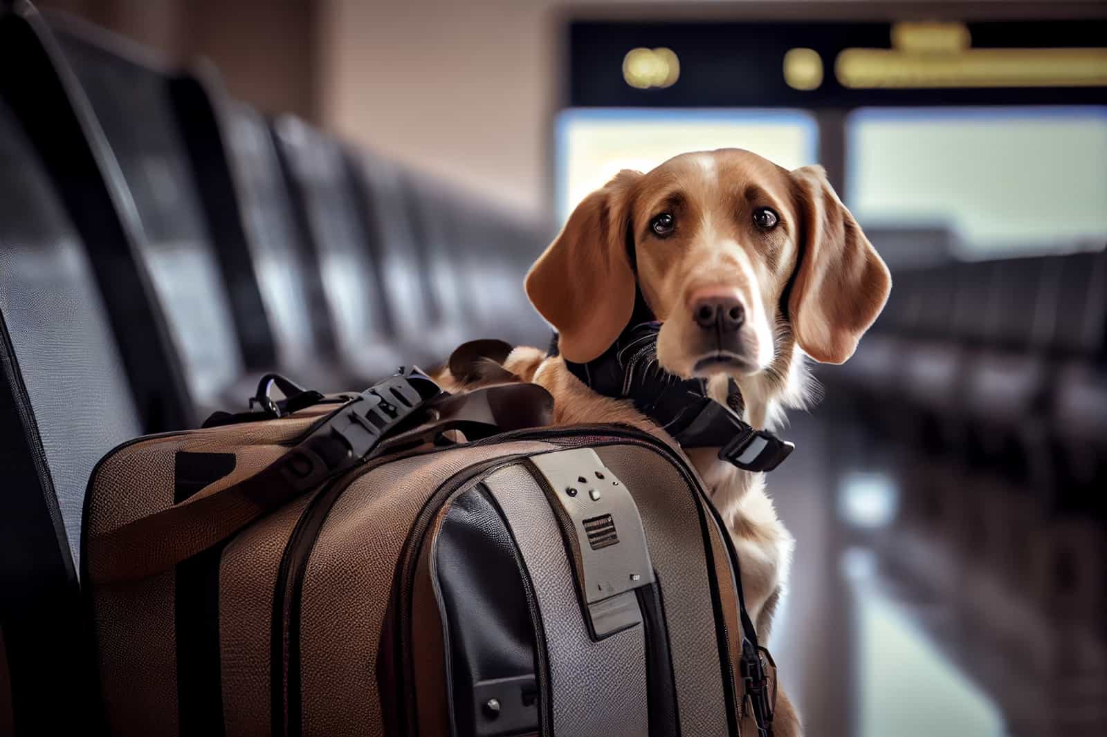 Cachorro de pelagem caramelo ao lado de mala de viagem em sala de embarque de aeroporto