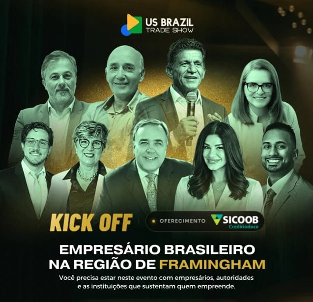 Arte de divulgação do Kick Off do US Brazil Trade Show, em Framingham, com oferecimento da Sicoob Crediriodoce